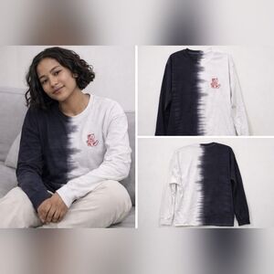 Hot Topic Black and White Split-Dye Long Sleeve Tee with Pink Patch